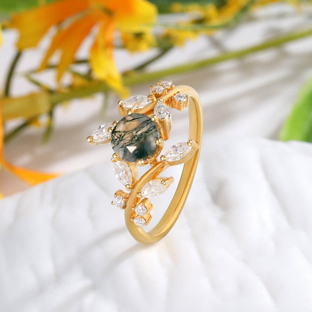 Round Moss Agate engagement ring with Moissanite - Vintage Gold Ring - Natural Green Moss Agate Branch Wedding Ring - Marquise Moissanite Promise ring Women