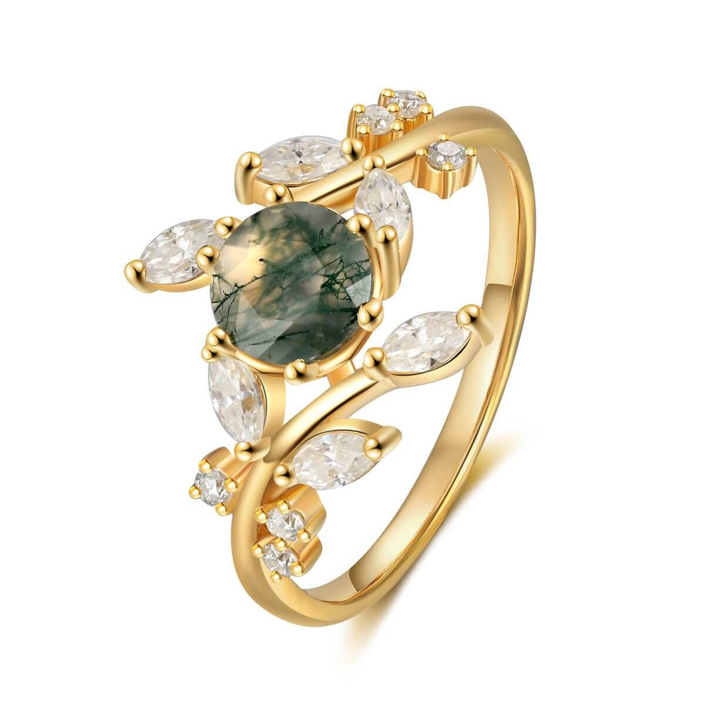 Round Moss Agate engagement ring with Moissanite - Vintage Gold Ring - Natural Green Moss Agate Branch Wedding Ring - Marquise Moissanite Promise ring Women