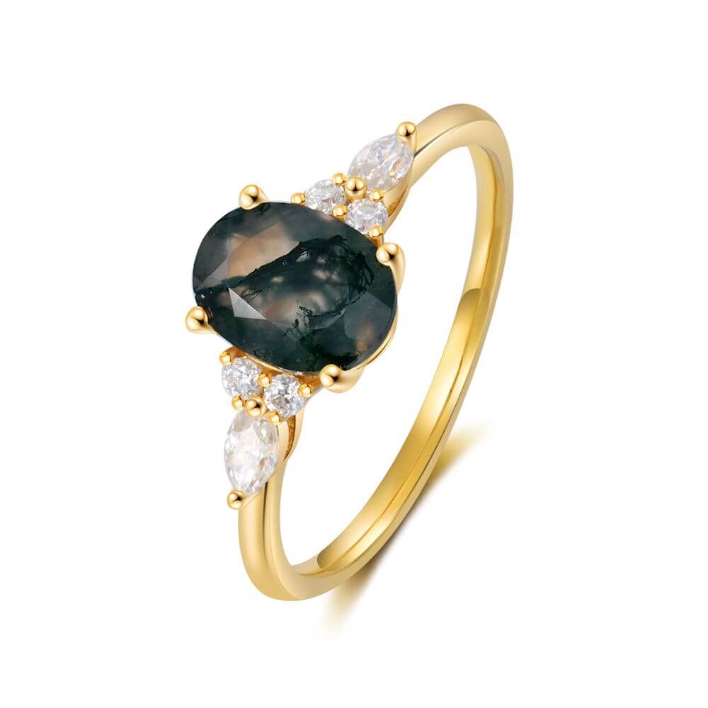 Natural Moss Agate Engagement Ring Set with Moissanite - 18K Gold