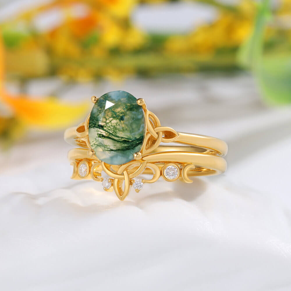 Natural Oval Moss Agate Engagement Ring Set