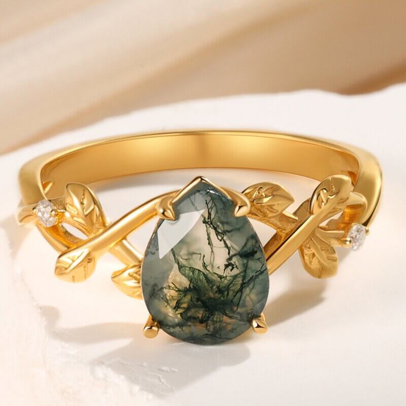Natural Moss Agate Ring Pear Cut 18k Gold Sterling Silver