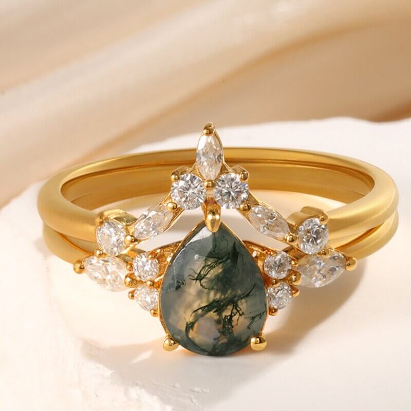 Vintage Natural Moss Agate Ring Set Pear Cut Yellow Gold