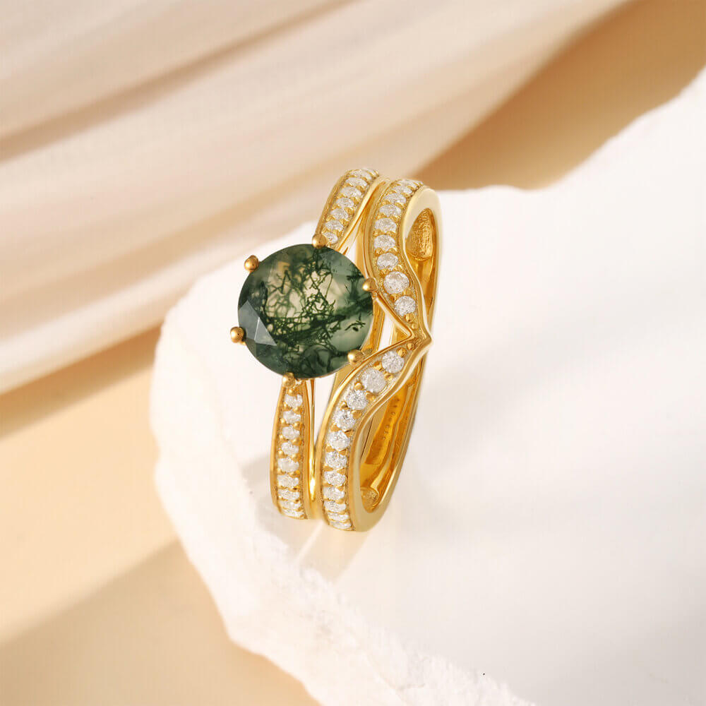Natural Moss Agate Ring Set With Moissanite 14/18K Gold
