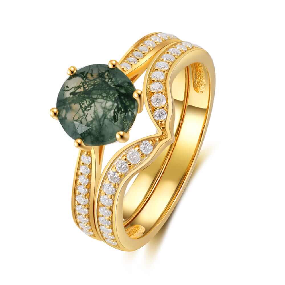 Natural Moss Agate Ring Set With Moissanite 14/18K Gold