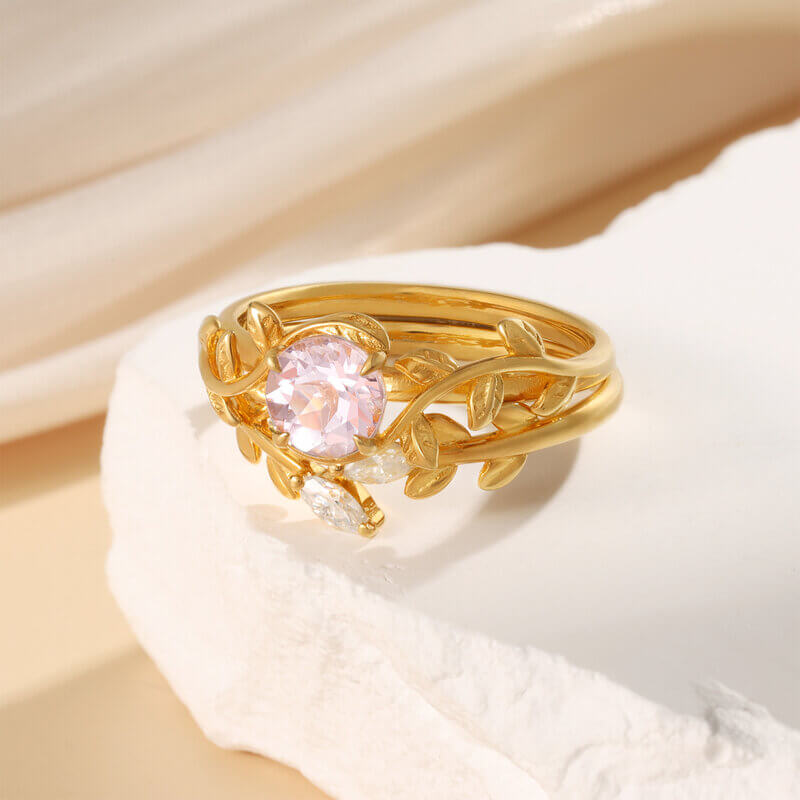 Natural Pink Morganite Ring Set with Moissanite Yellow Gold