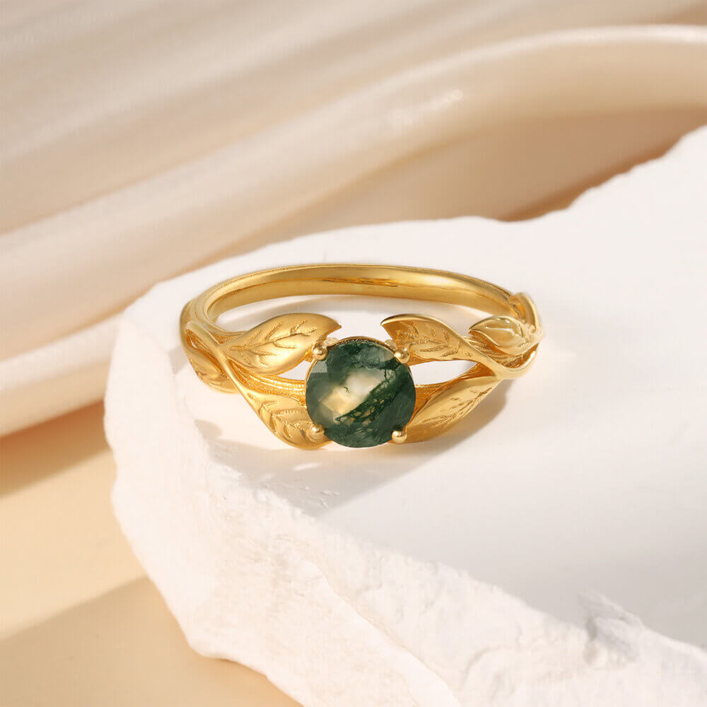 Natural Round Cut Moss Agate Ring 18K Yellow Gold