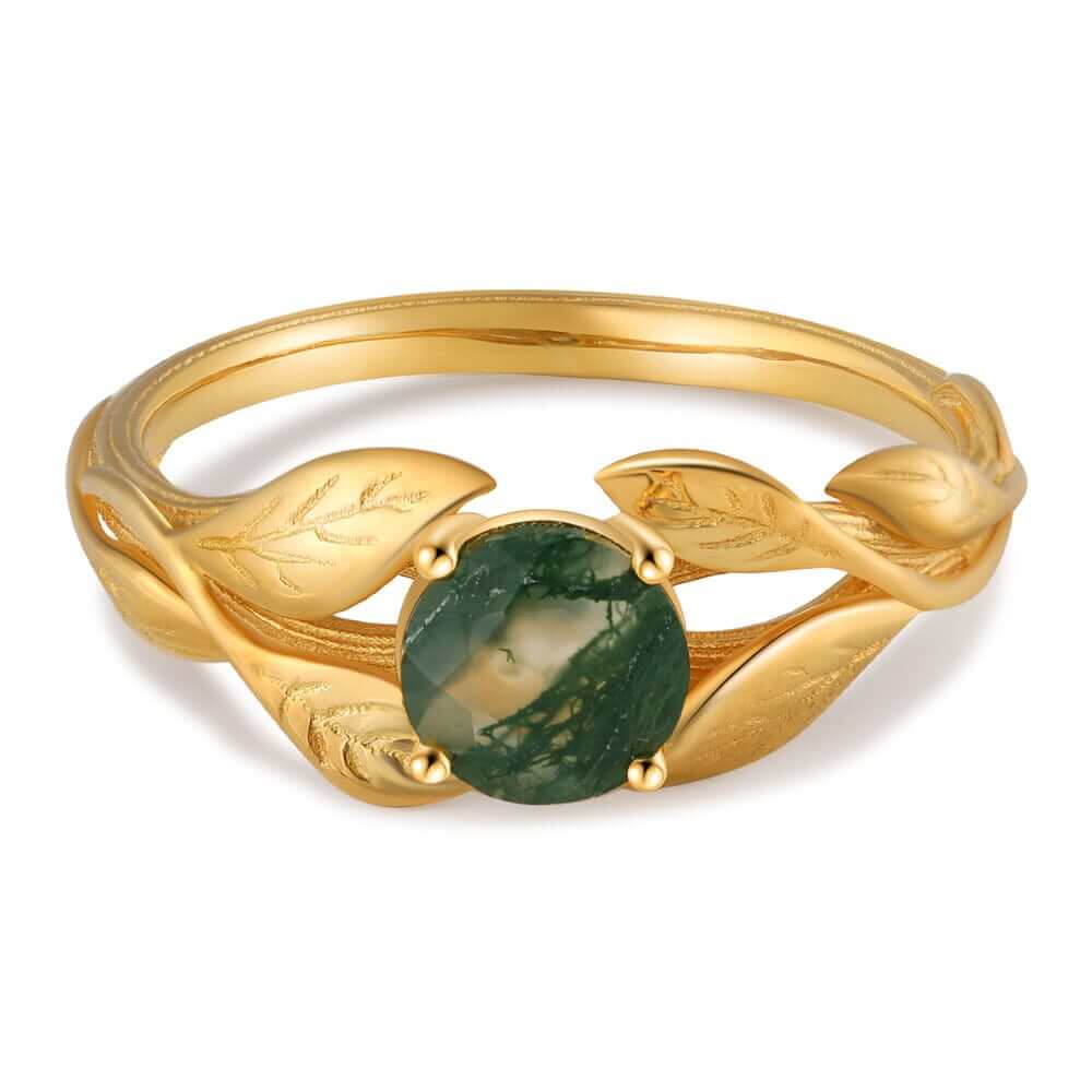 Natural Round Cut Moss Agate Ring 18K Yellow Gold