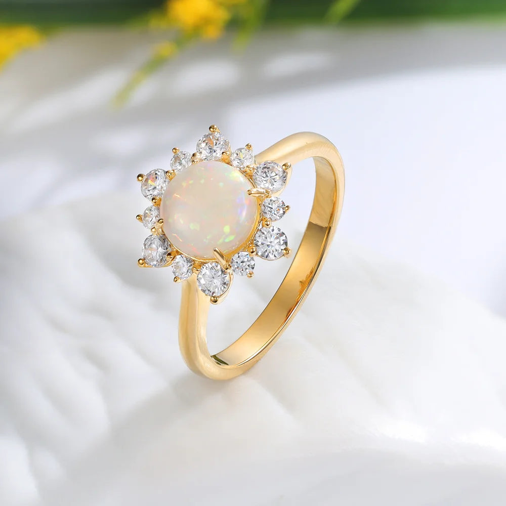 Opal Engagement Ring for Women Yellow Gold - Opal Ring with Moissanite