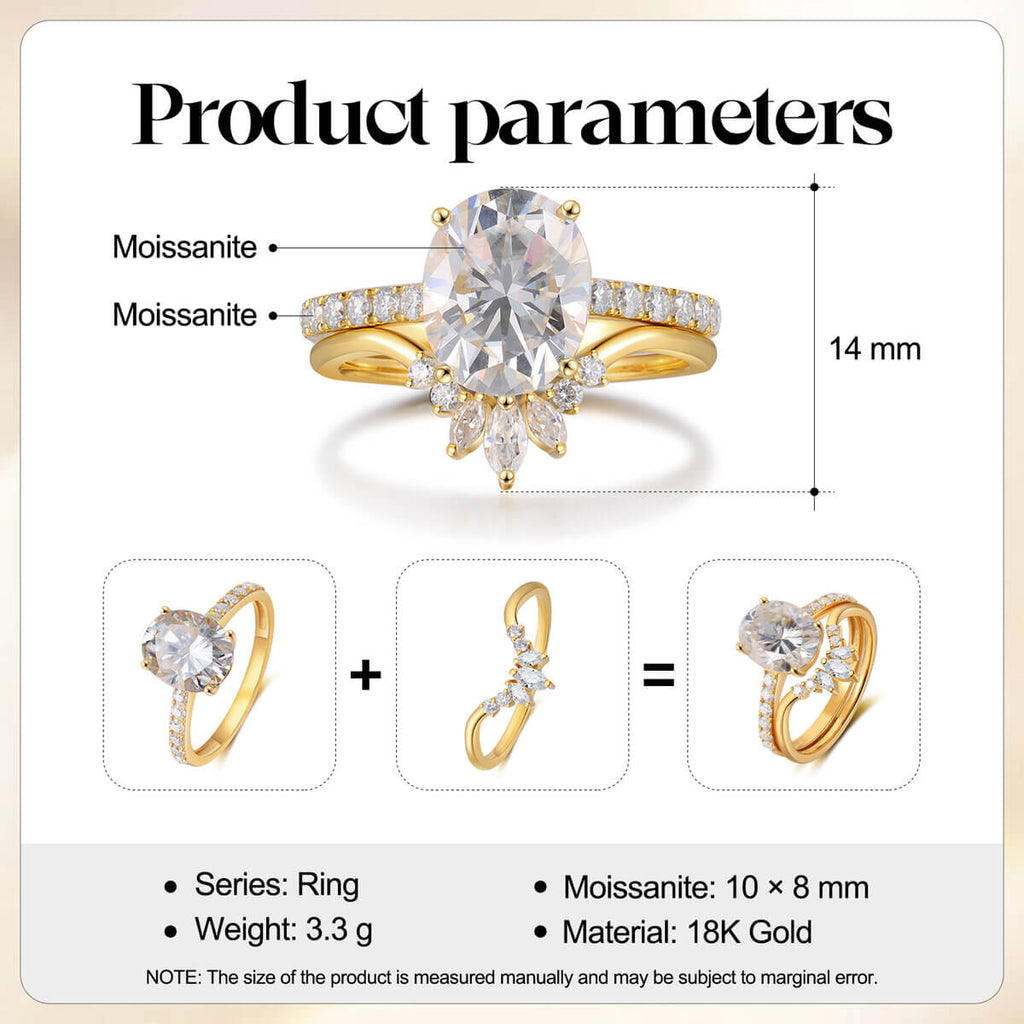 Oval Cut Halo Moissanite Engagement Ring Set 18K Yellow Gold