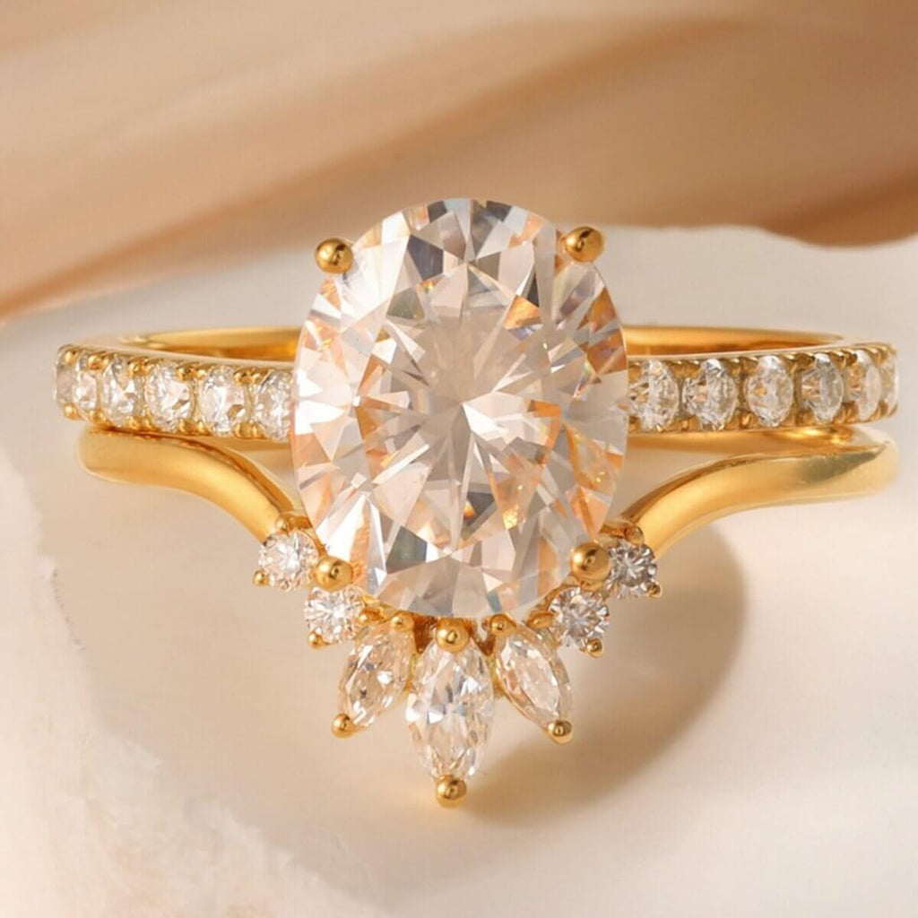 Oval Cut Halo Moissanite Engagement Ring Set 18K Yellow Gold