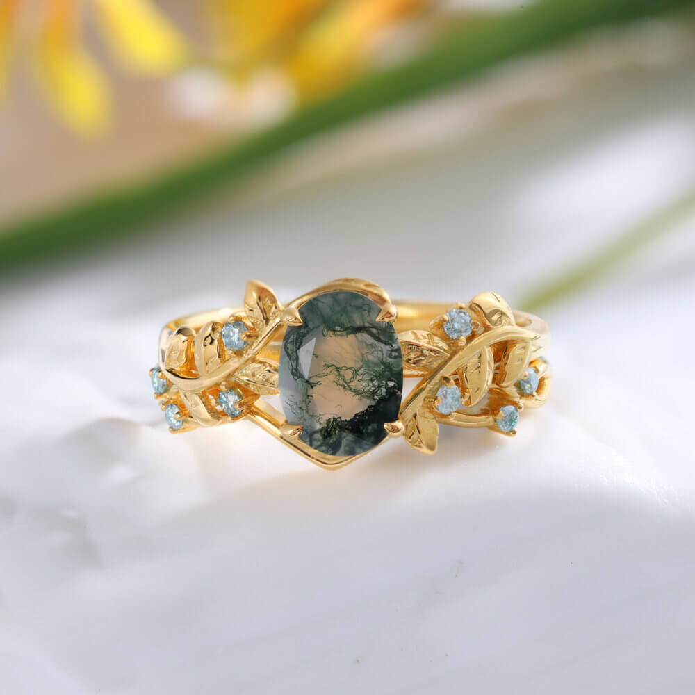 Oval Cut Natural Green Moss Agate Ring Set with Moissanite 18K Gold