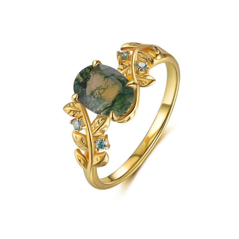 Oval Cut Natural Green Moss Agate Ring Set with Moissanite 18K Gold