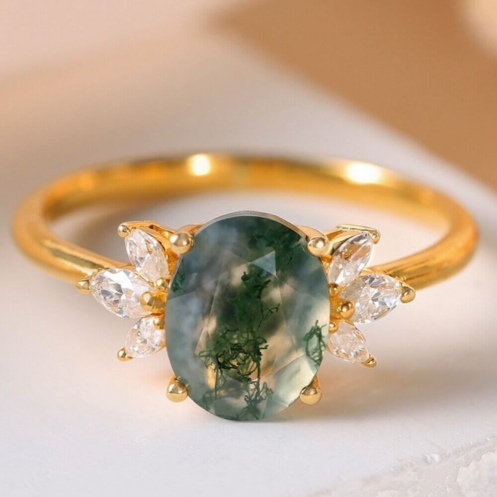 Oval Cut Natural Green Moss Agate Ring with Moissanite