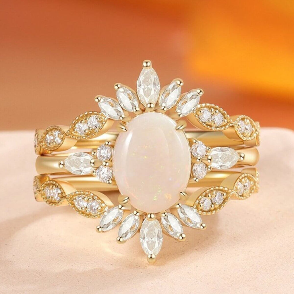 Oval Cut Opal Wedding Ring Set with Moissanite 18K Gold