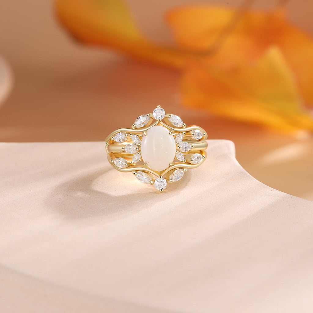 Oval Cut Vintage Natural Opal Ring Set with Moissanite for Women 18K Gold