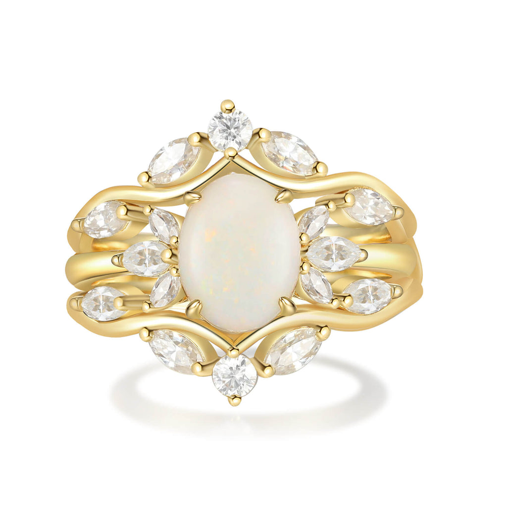 Oval Cut Vintage Natural Opal Ring Set with Moissanite for Women 18K Gold