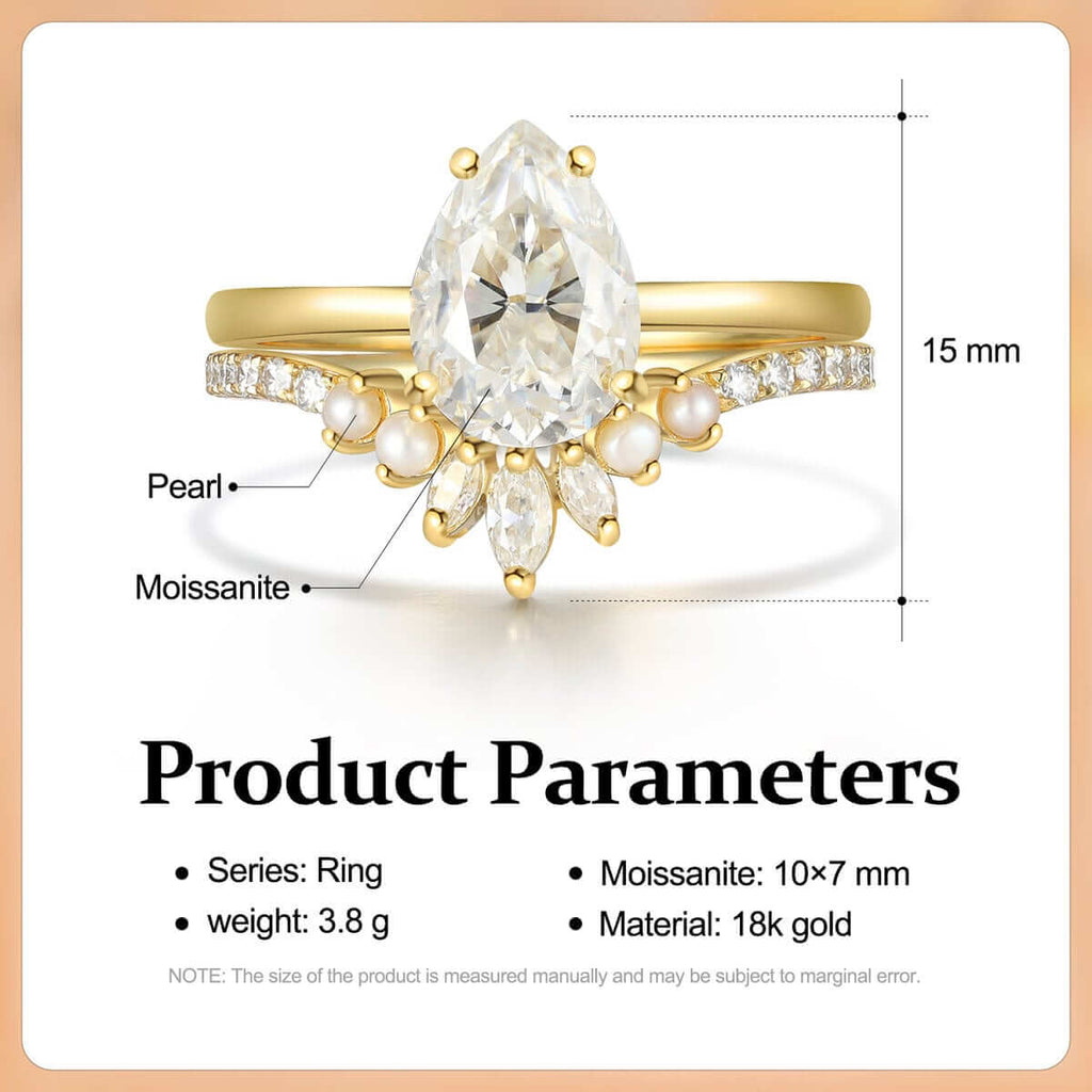 Pear Cut Gold Moissanite Engagement Ring Set 18K Yellow Gold