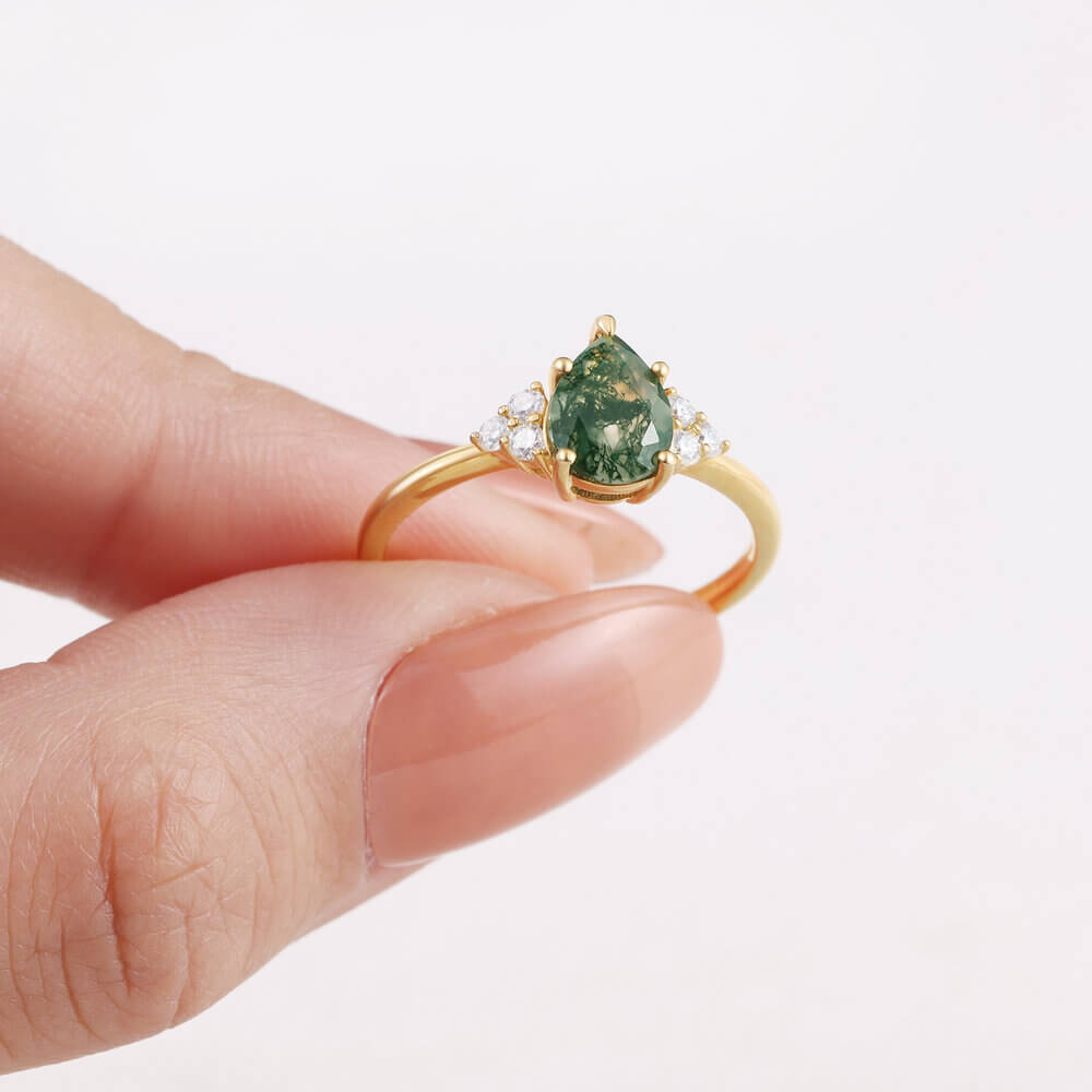 Pear Cut Natural Moss Agate Ring with Round Cut Moissanite