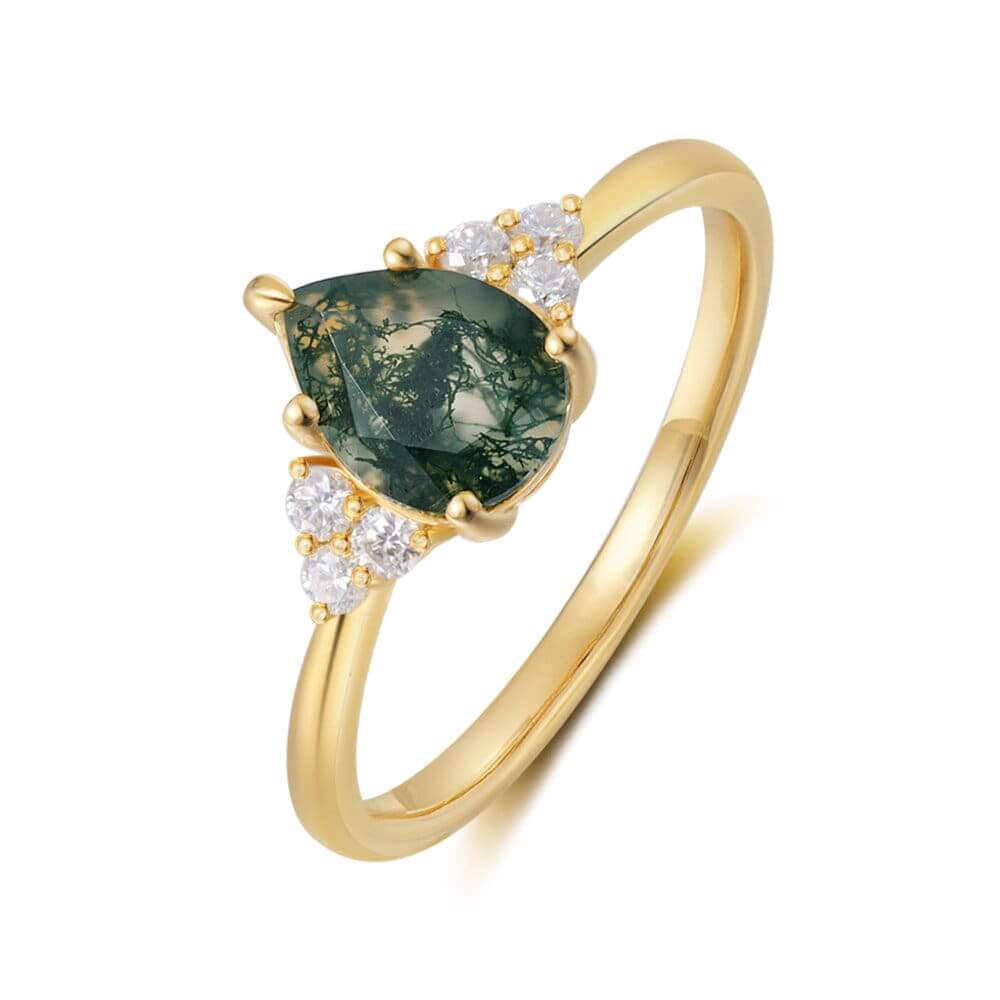Pear Cut Natural Moss Agate Ring with Round Cut Moissanite