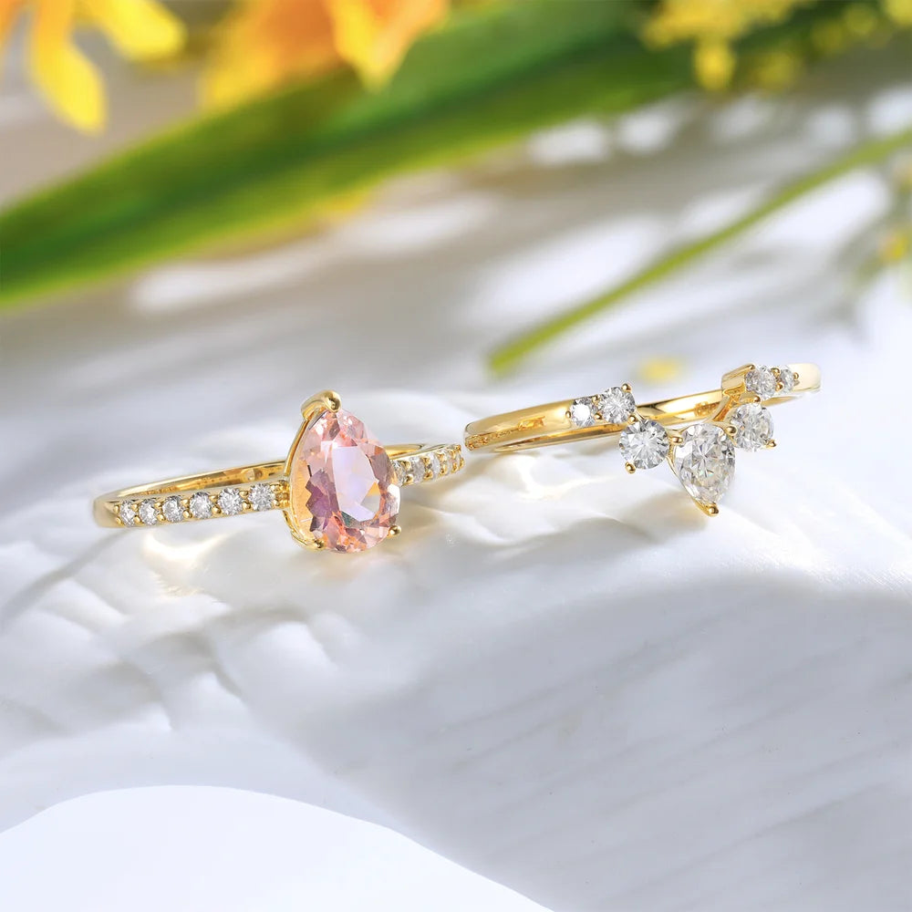 Pink Morganite Engagement Ring Set with Moissanite Wedding Set Pear Shaped