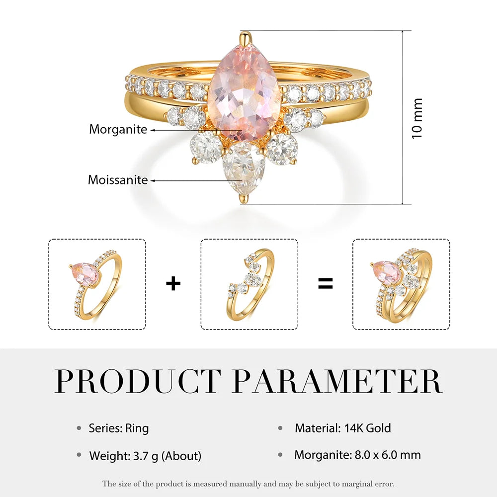 Pink Morganite Engagement Ring Set with Moissanite Wedding Set Pear Shaped