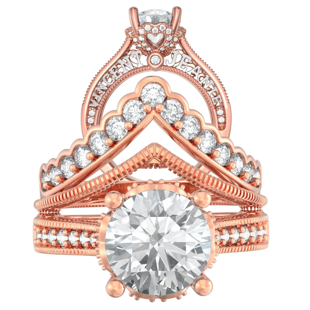 Rose Gold 2 Carat Round Cut Moissanite Engagement Ring Set with Custom Names