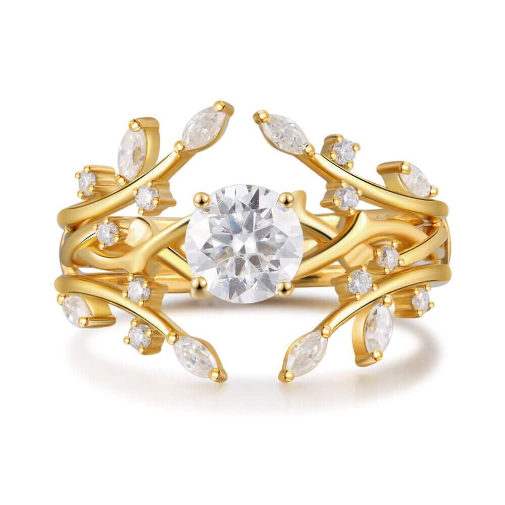 Round Cut Moissanite Engagement Ring Set 18K Yellow Gold