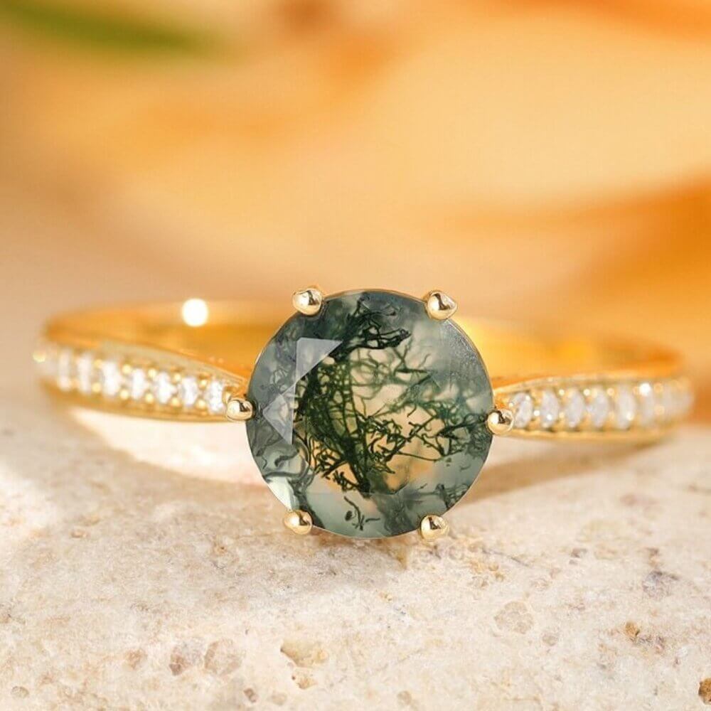 Round Cut Natural Green Moss Agate Ring with Moissanite