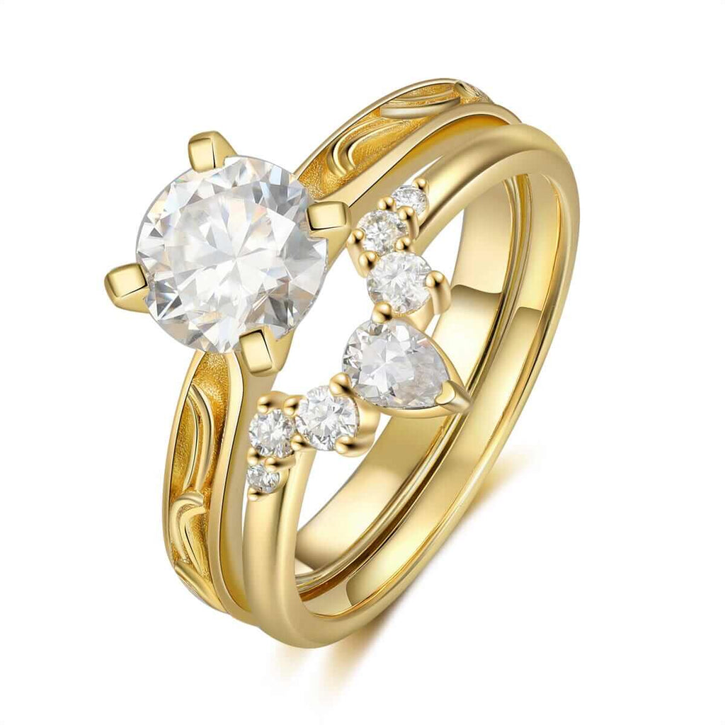 Round Moissanite Engagement Ring Set in 14/18k Yellow Gold - Bridal Sets