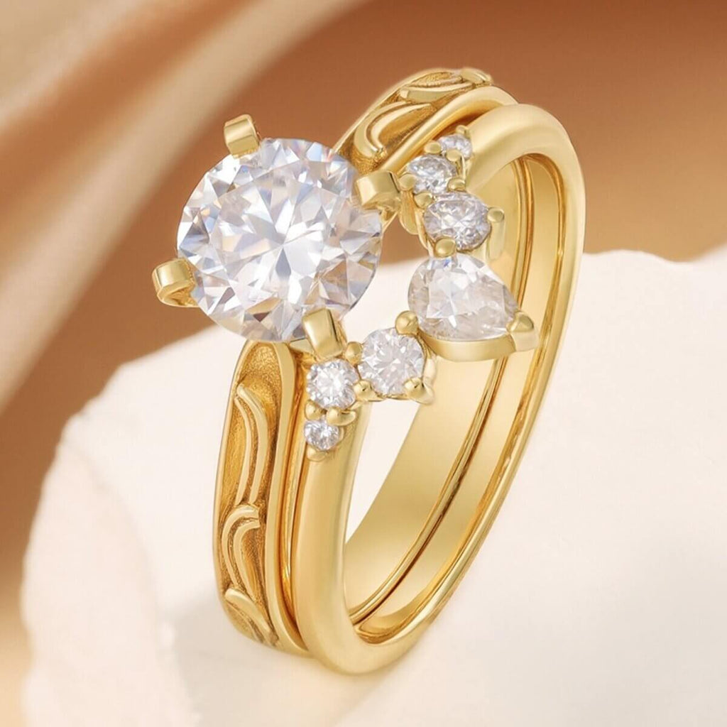 Round Moissanite Engagement Ring Set in 14/18k Yellow Gold - Bridal Sets