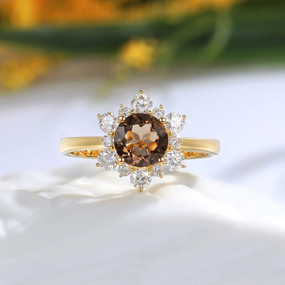 Smoky Quartz Engagement Ring with Moissanite - Sterling Silver - 14/18K Yellow Gold