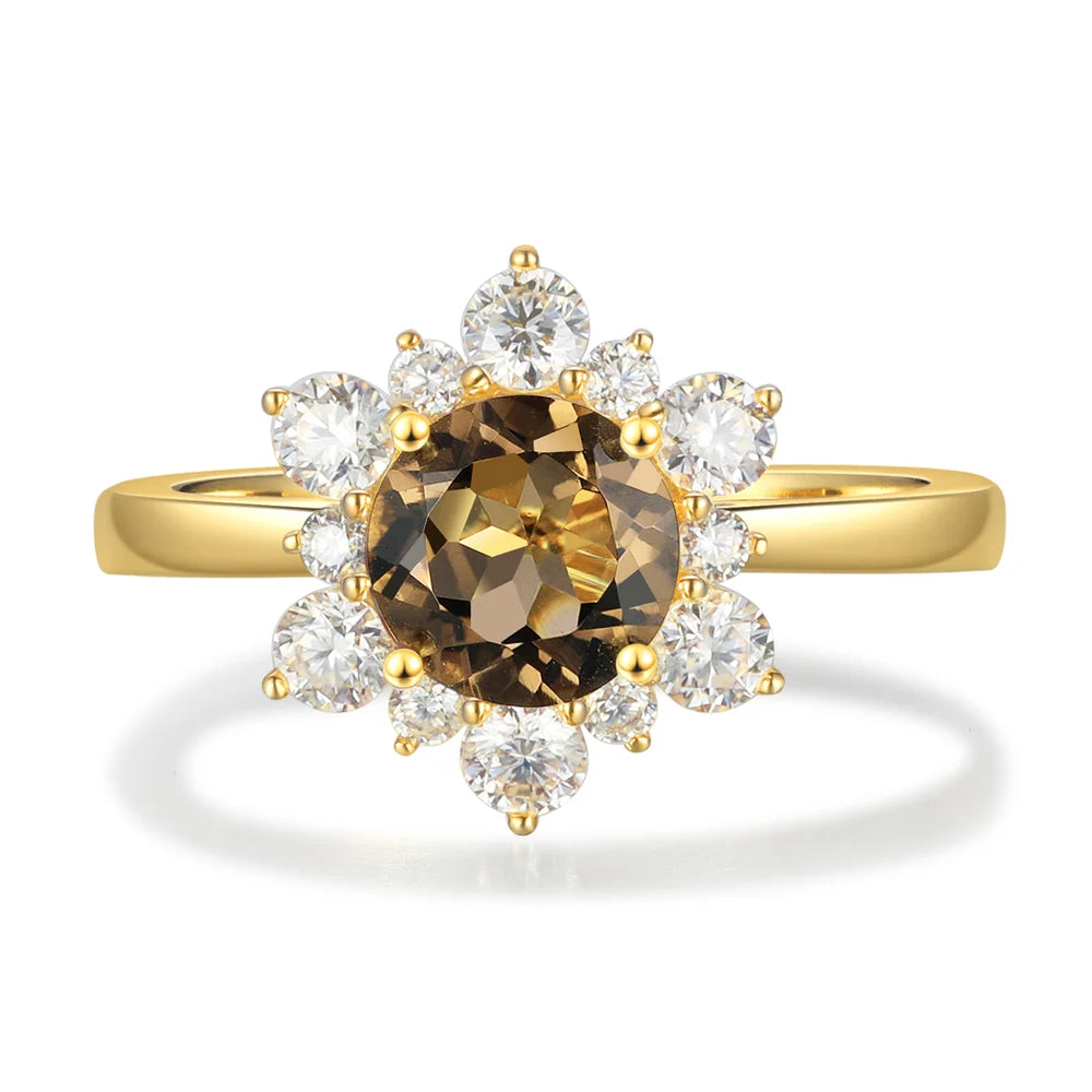 Smoky Quartz Engagement Ring with Moissanite - Sterling Silver - 14/18K Yellow Gold