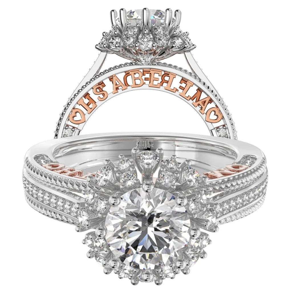 Moissanite Engagement Ring Round Cut 1.5 Carat with 2 Custom Rose Gold Names