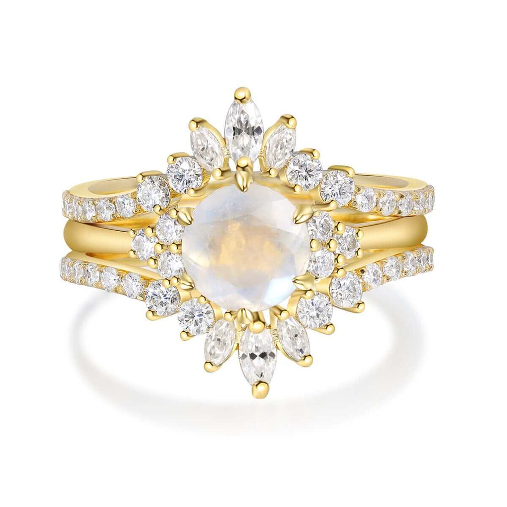 Vintage Moonstone Engagement Ring Round Shape Solid 18K Gold - Moissanite Wedding Bridal Ring