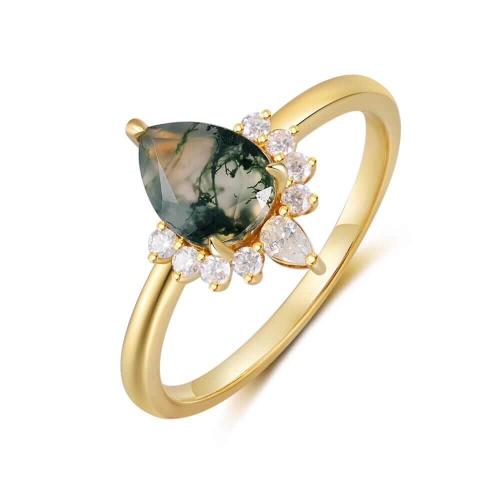 Vintage Natural Green Moss Agate Ring Set with Moissanite Pear Cut