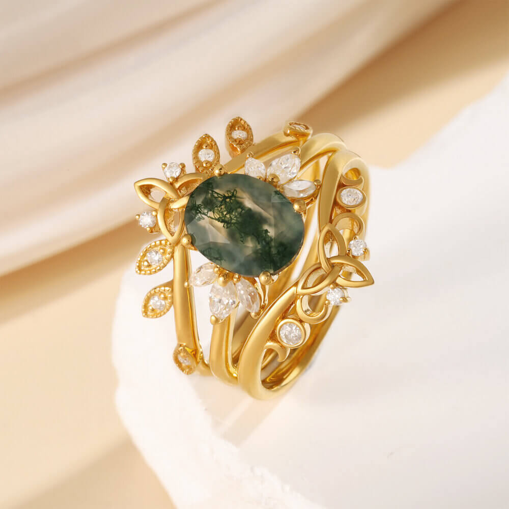Vintage Natural Oval Cut Green Moss Agate Ring Set with Moissanite
