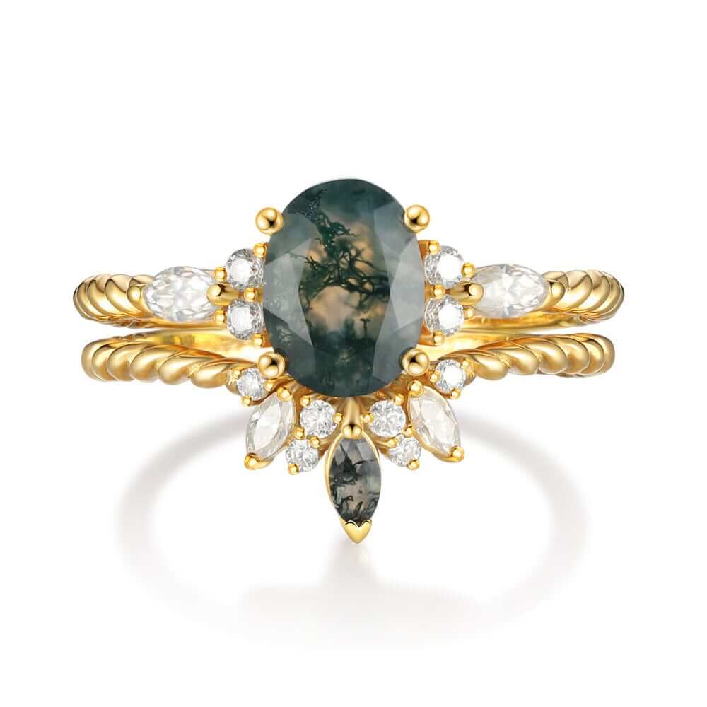 Vintage Natural Oval Cut Moss Agate Ring Set with Moissanite