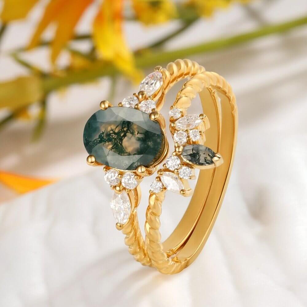 Vintage Natural Oval Cut Moss Agate Ring Set with Moissanite
