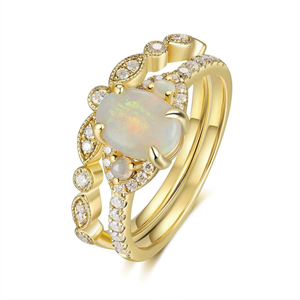 Vintage Natural Oval Cut Opal Ring Set with Moissanite 18K Yellow Gold