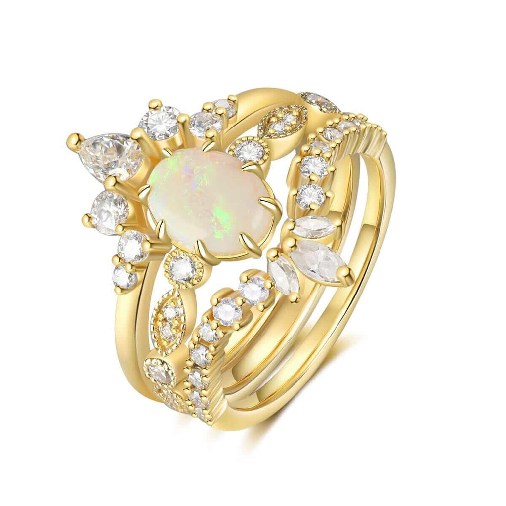 Vintage Natural Oval Cut Opal Ring Set for Women 18K Gold