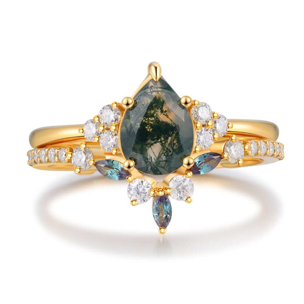 Vintage Natural Pear Cut Moss Agate Ring Set with Moissanite