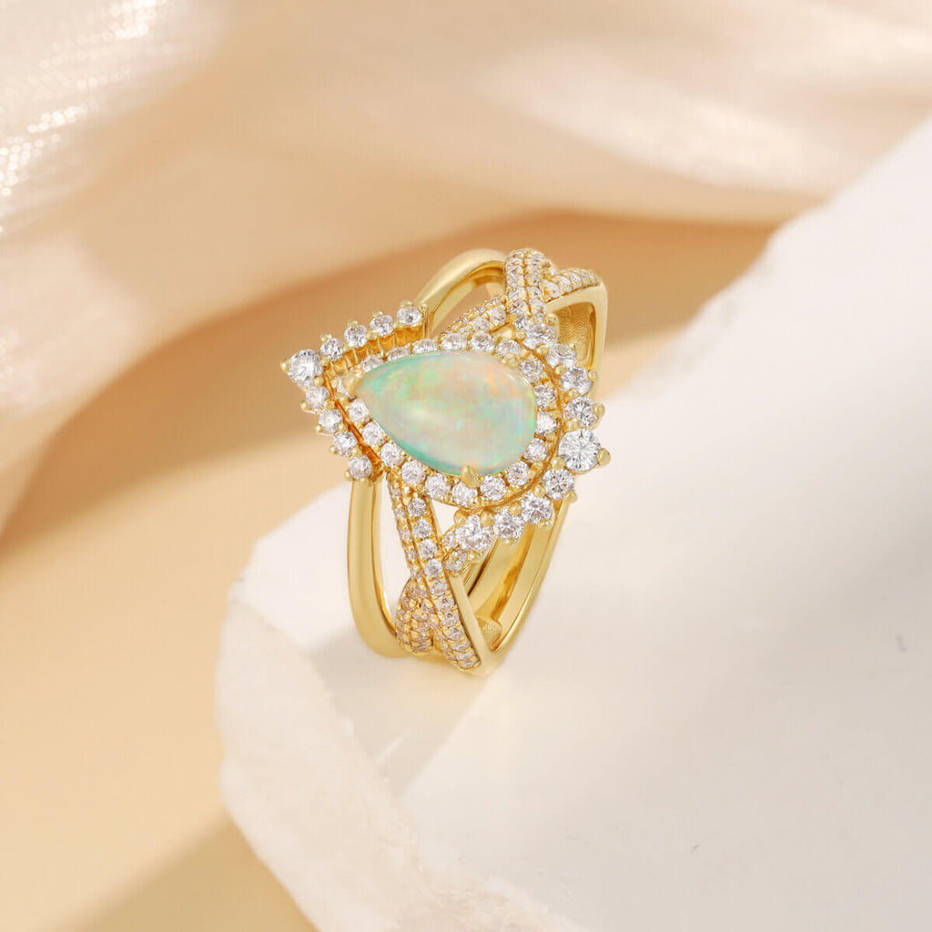 Vintage Pear Cut Opal Engagement Ring Set with Moissanite