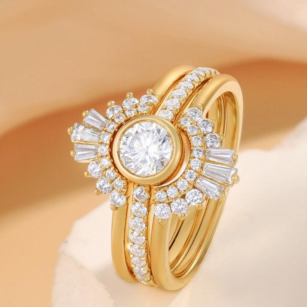 Vintage Style Moissanite Engagement Ring Set 14/18K Yellow Gold