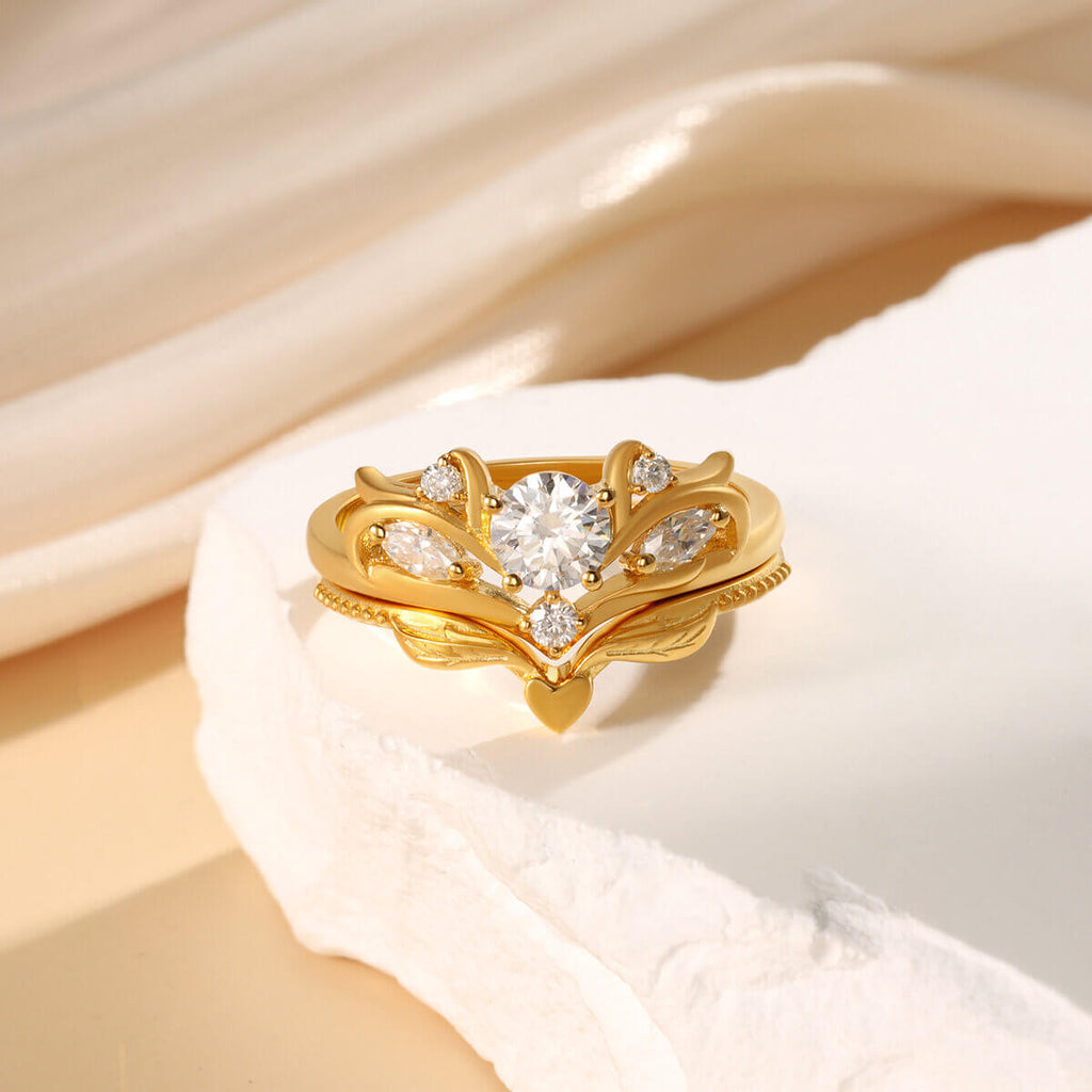 18K Yellow Gold Moissanite Engagement Ring Set Round Cut