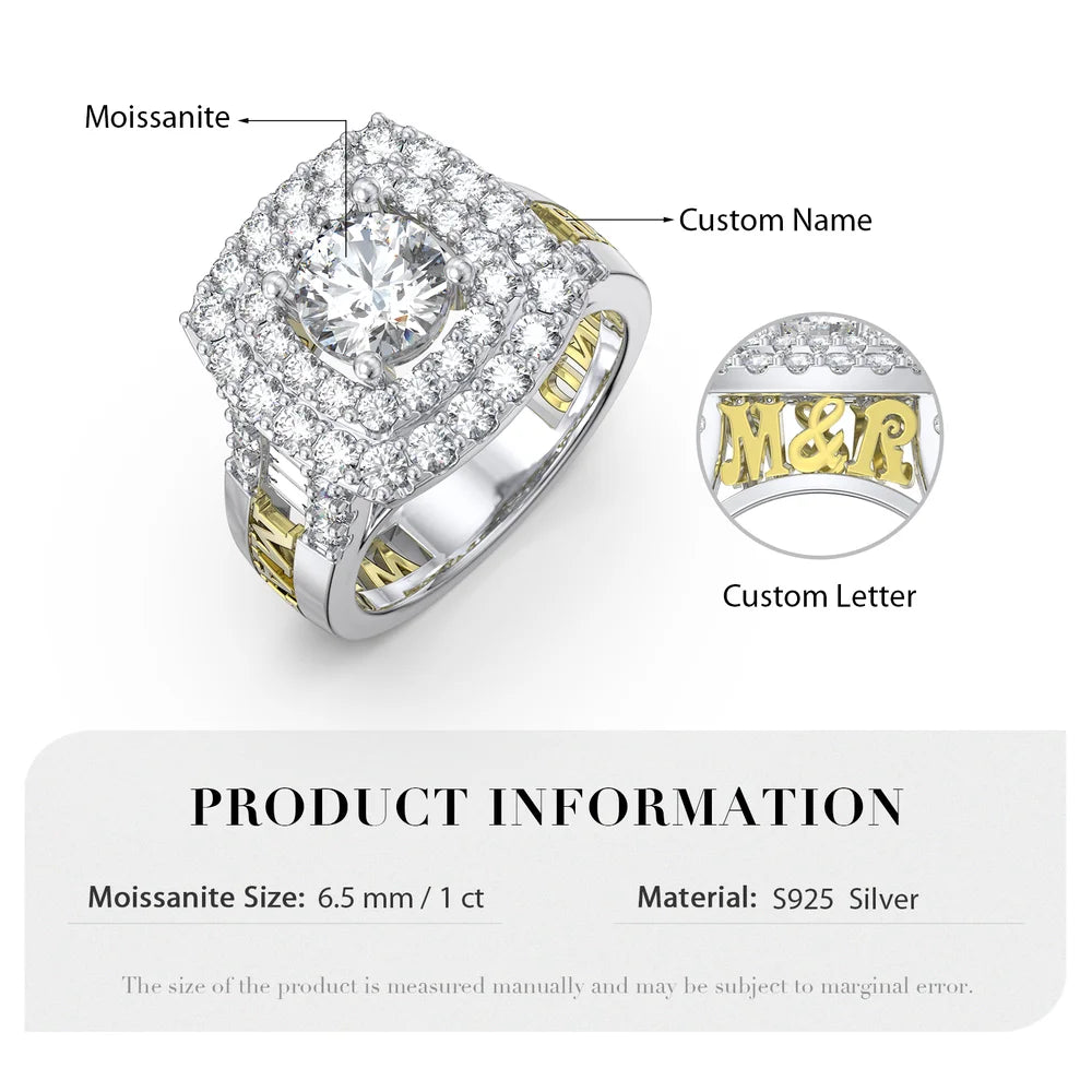 1 Carat Moissanite Ring With 2 Custom Names And Initials