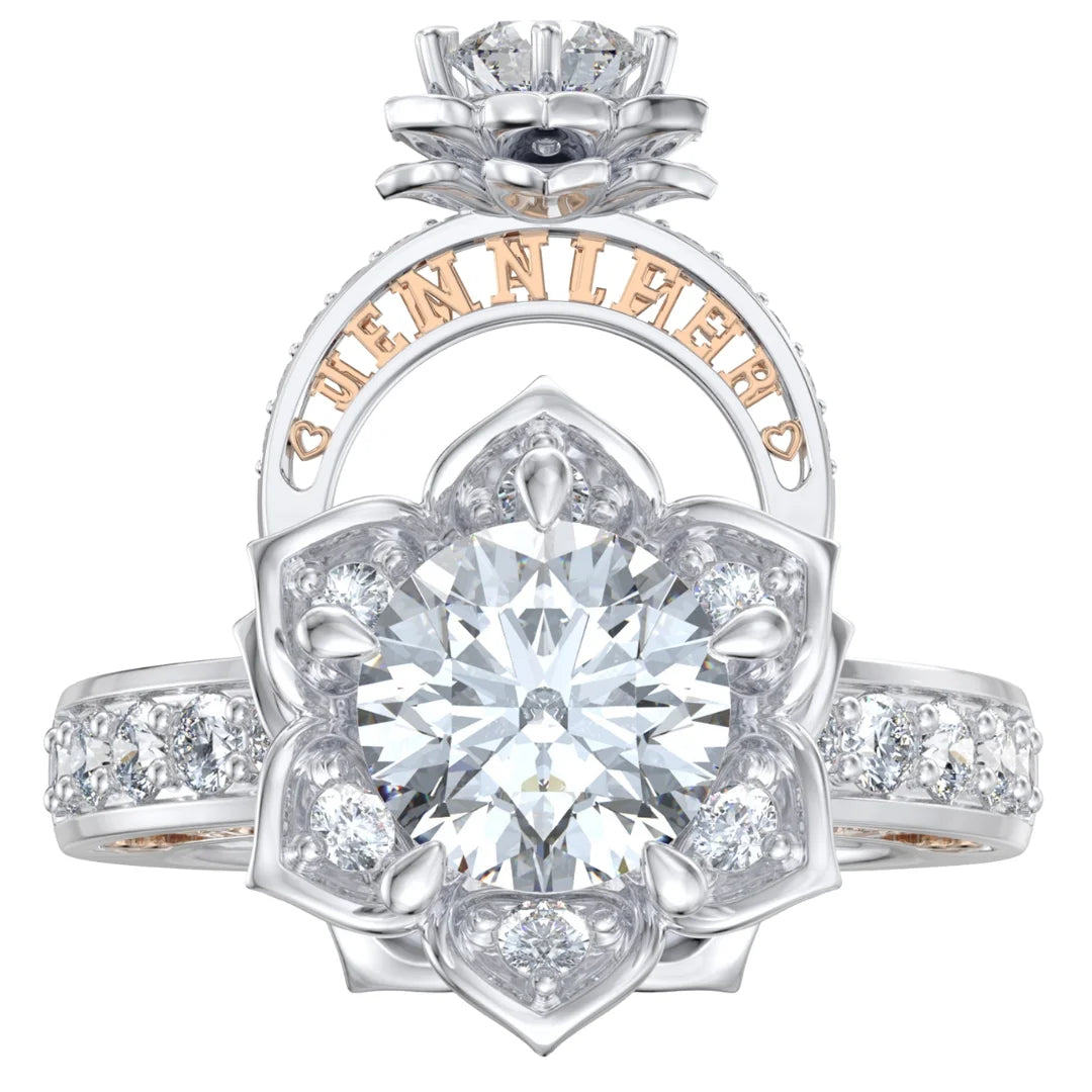 Round Cur 2 Carat Moissanite Engagement Ring with 2 Custom Names