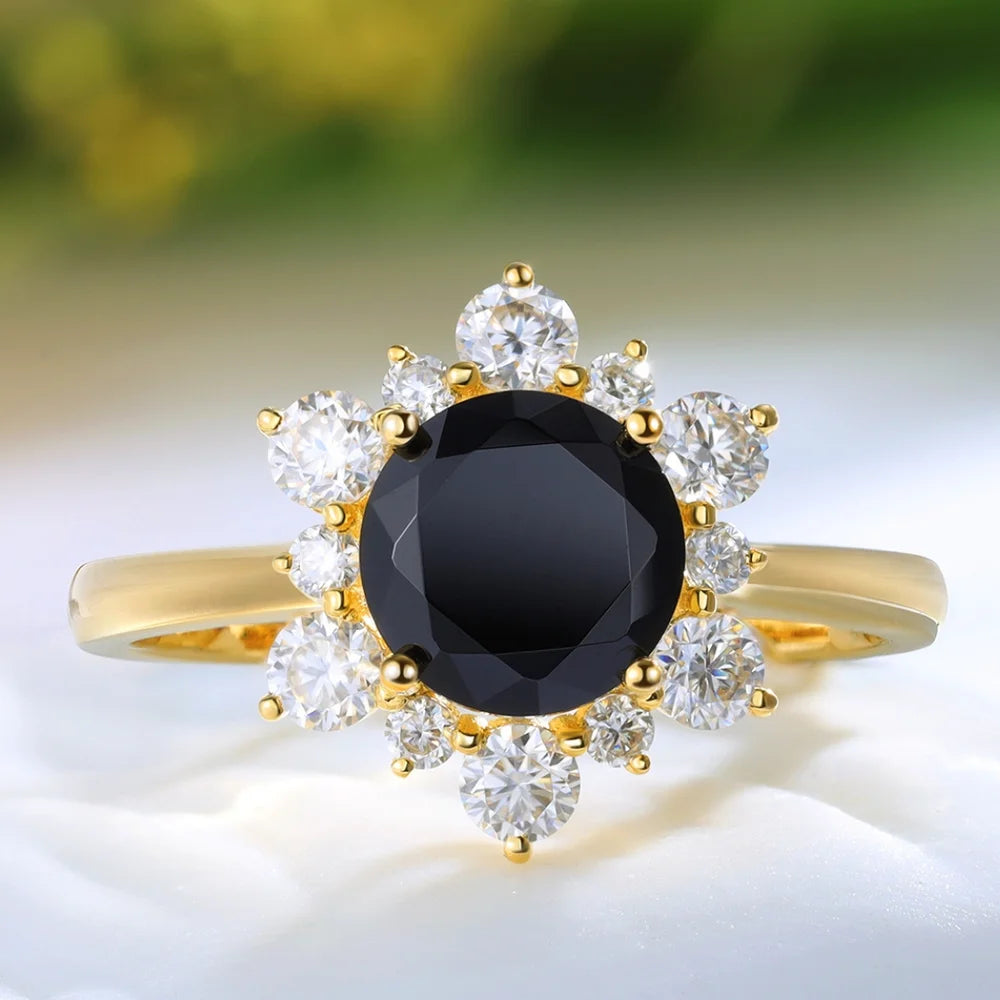 Black Onyx Ring Yellow Gold with Moissanite - 7x7mm Black Onyx Stone Ring