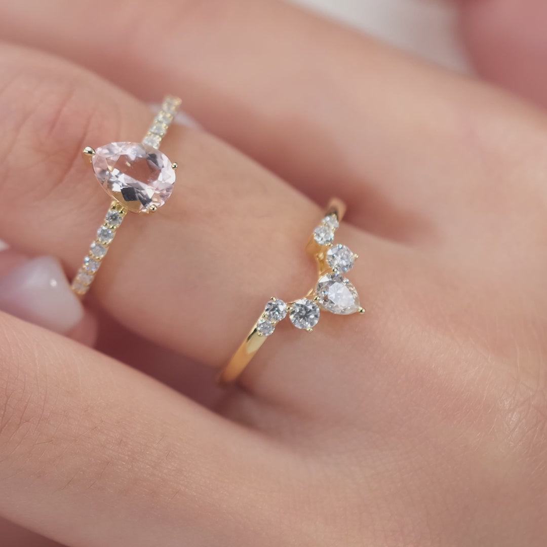 Pink Morganite Engagement Ring Set with Moissanite Wedding Set Pear Shaped