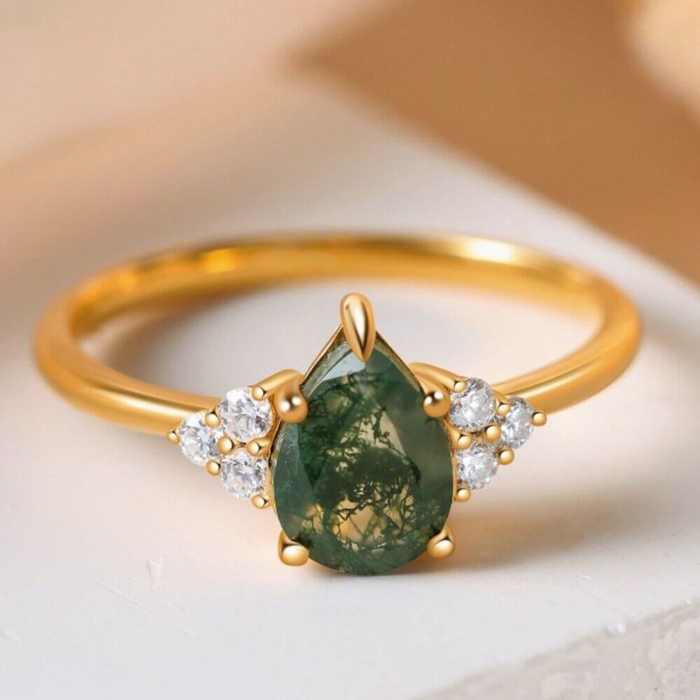 Pear Cut Natural Moss Agate Ring with Round Cut Moissanite